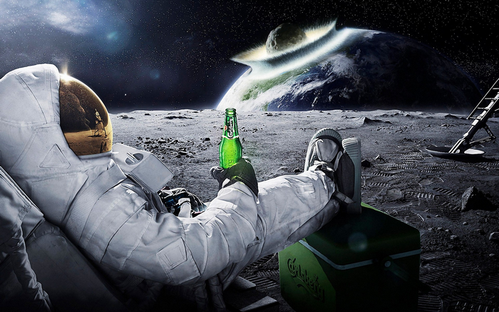 Astronaut drinking Carlsberg on the Moon during an Earth impact