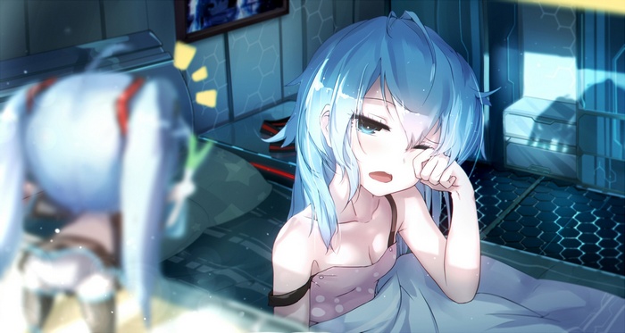 Sleepy anime girl with turquoise hair in bed