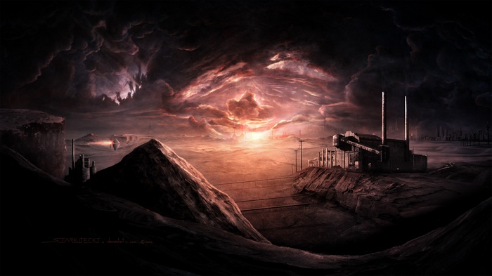 Futuristic industrial landscape under stormy skies