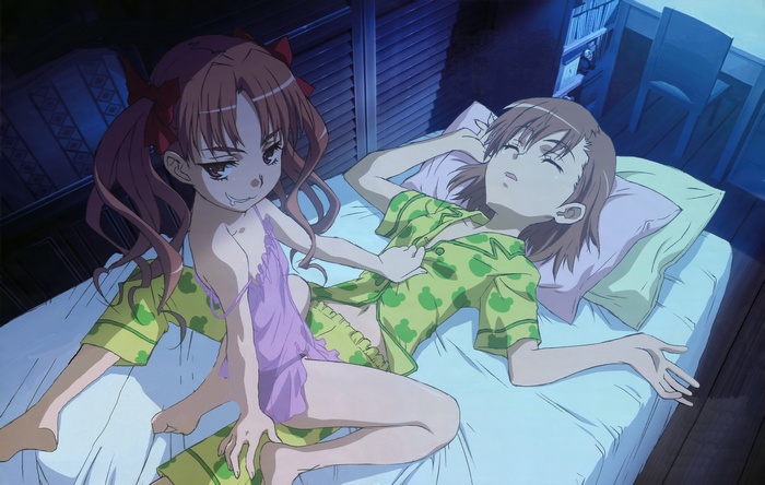 To Aru Kagaku no Railgun, anime, To aru Majutsu no Index, anime girls, lesbians, Misaka Mikoto, in bed, Shirai Kuroko