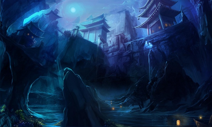Fantasy temples on cliffs under a blue moon