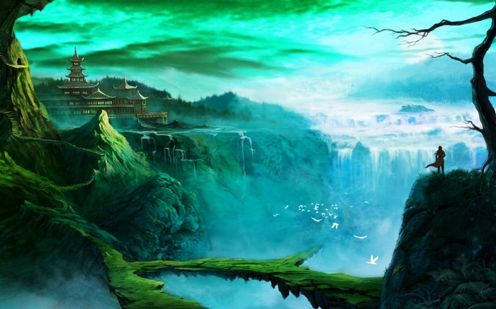 Fantasy art of a temple and waterfalls