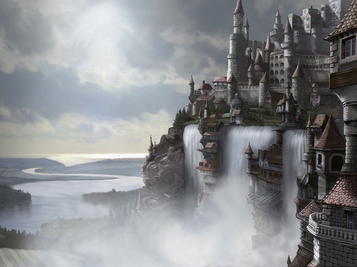 Fantasy castle kingdom with waterfalls