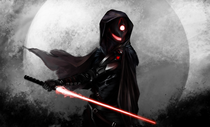 Sith warrior with red lightsaber and moon background