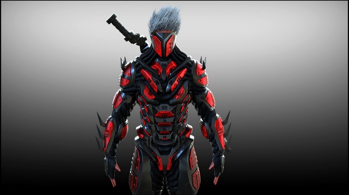 Warrior in red and black armor with a sword