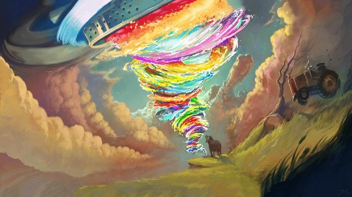 Cosmos Laundromat: A colorful tornado emerges from a washing machine