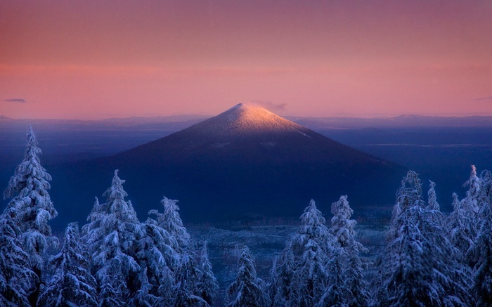 Snowy volcano peak at sunset with frosted trees