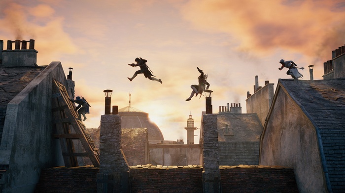Assassin's Creed characters parkour across rooftops at sunset