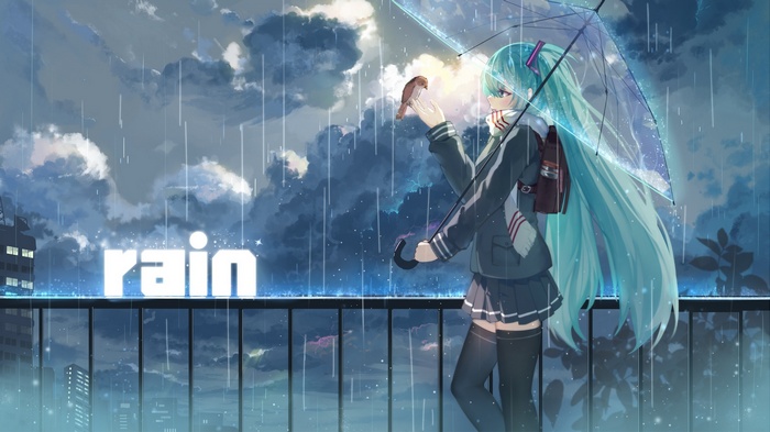 Hatsune Miku holding an umbrella in the rain