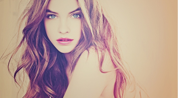 Barbara Palvin portrait with wavy brown hair