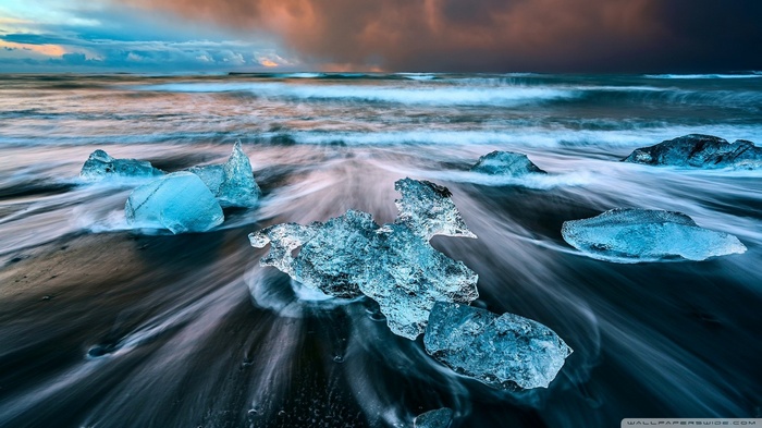 Ice chunks on black sand beach in Iceland