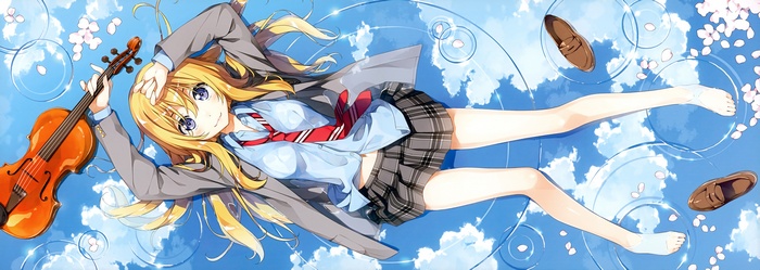 violin, navels, anime girls, Miyazono Kaori, Kantoku, Shigatsu wa Kimi no Uso, blond hair, skirt, water