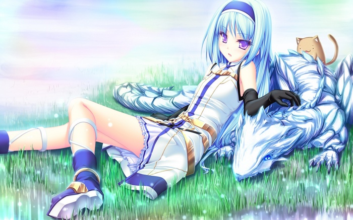 Anime girl with blue hair and dragon