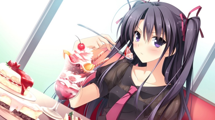 Anime girl eating ice cream and cake