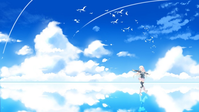IA Vocaloid stands on clouds with birds flying