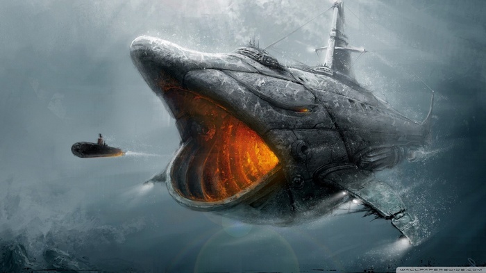 Giant mechanical whale-like submarine attacks a smaller submarine