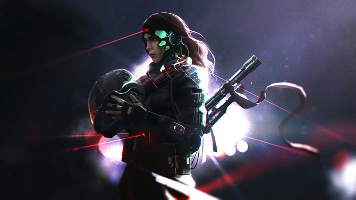 Futuristic woman with helmet and rifle