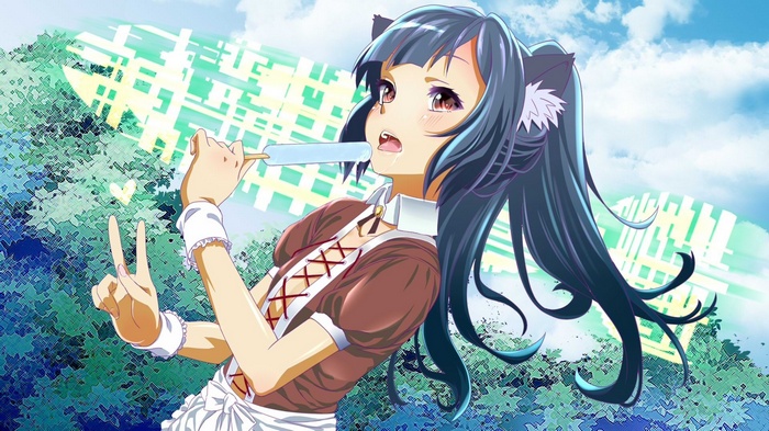 Anime girl with cat ears eating ice cream