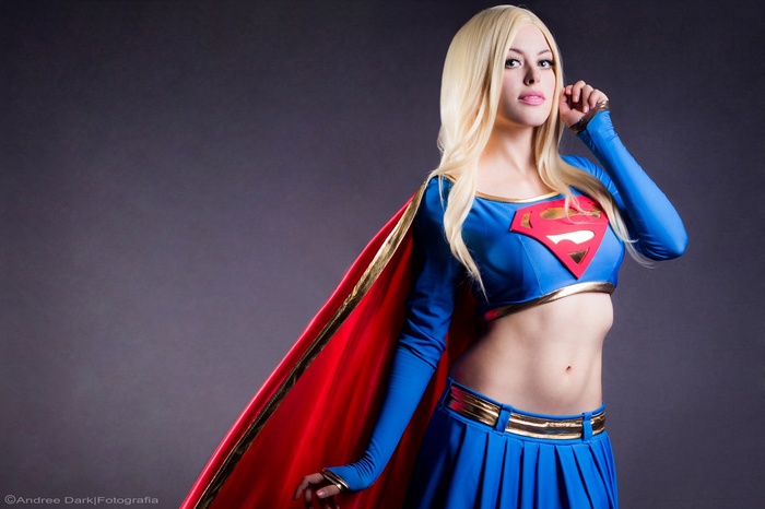 skirt, long hair, open mouth, looking at viewer, women, blonde, cosplay, coats, simple background, model, Superwoman, Supergirl, Nadia Sonika, belly