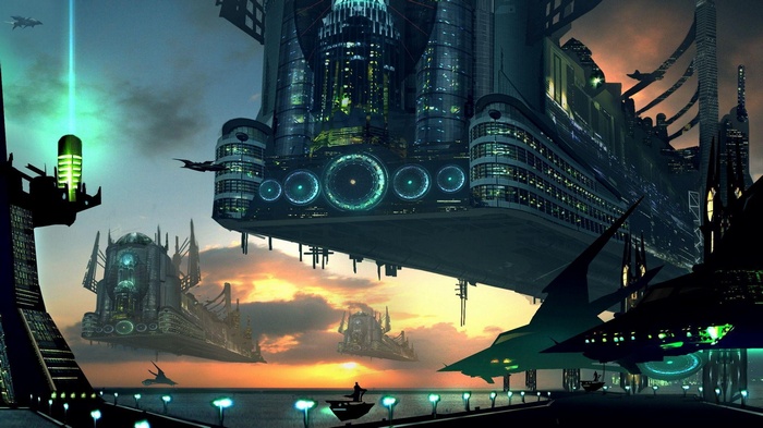 Futuristic city with flying vehicles at sunset