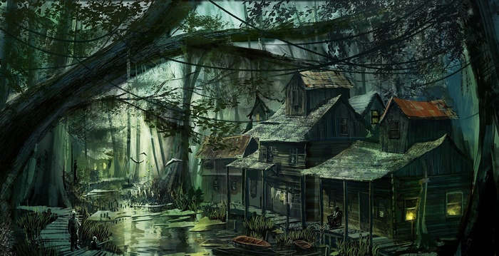 Fantasy swamp village with wooden houses and boats