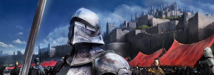 Knight in armor with sword before a medieval castle