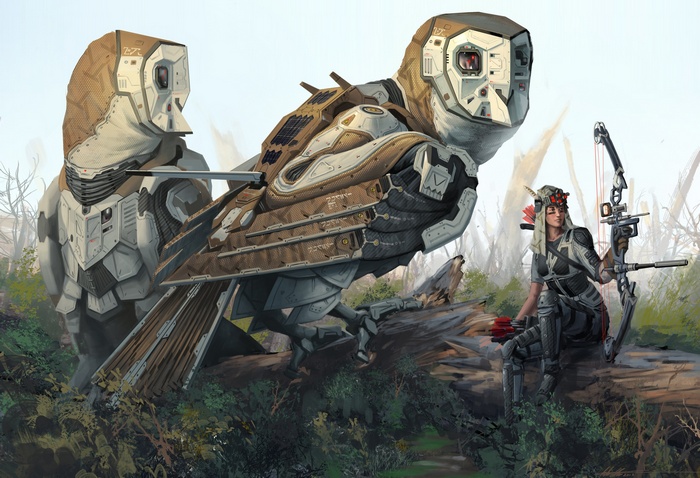 Futuristic owl robots and a female archer in a forest