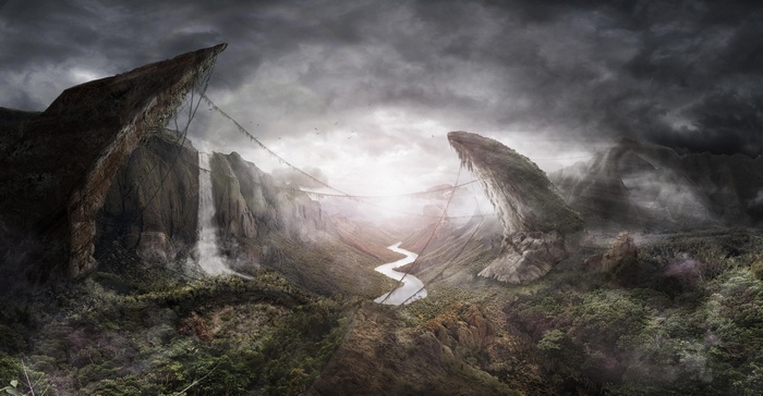 Fantasy valley with rope bridges and waterfalls