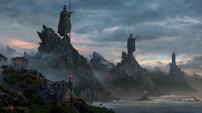Fantasy coast with statues and a monk