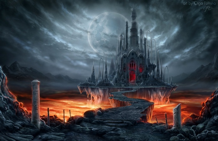 Fantasy castle on a floating island over lava