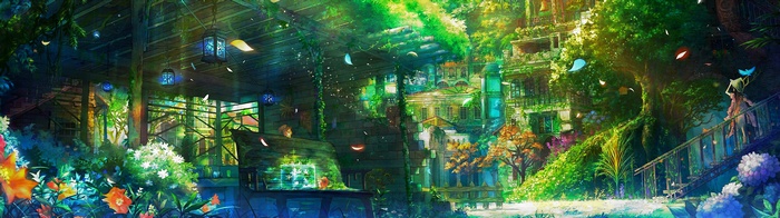 Anime artwork of a magical forest village