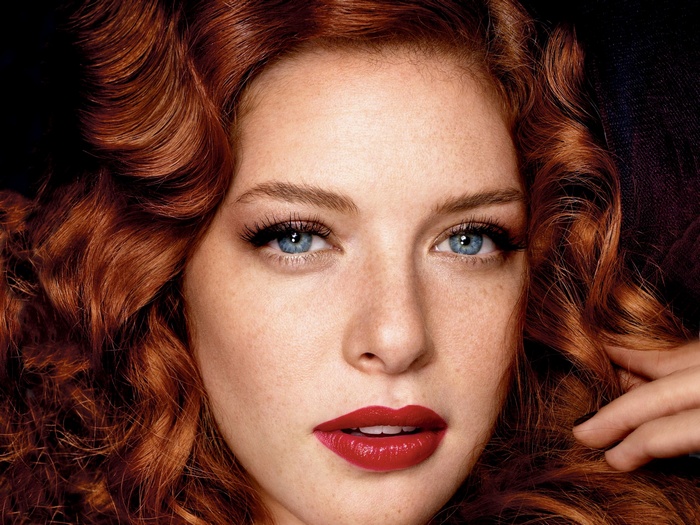 Rachelle Lefevre with red wavy hair and blue eyes
