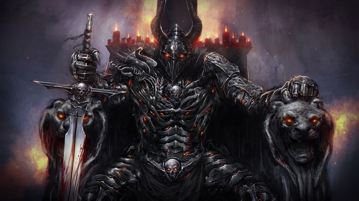 The Lich King sitting on a throne with Frostmourne