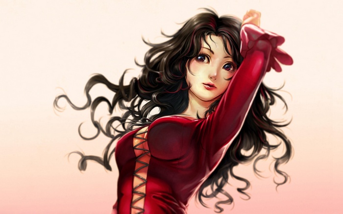 Anime girl with long curly black hair in a red dress