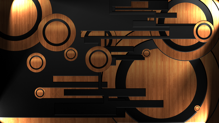 Abstract wooden circles and black geometric shapes