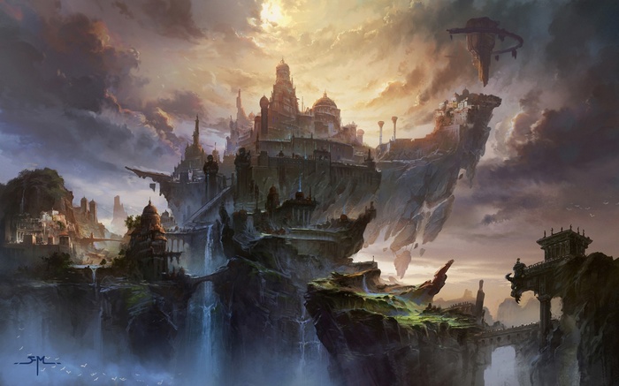 Fantasy city on floating islands with waterfalls