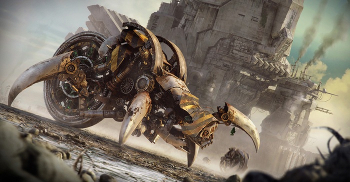 Steampunk mechanical creature in a desolate landscape