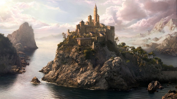 Fantasy castle on a rocky island in the sea