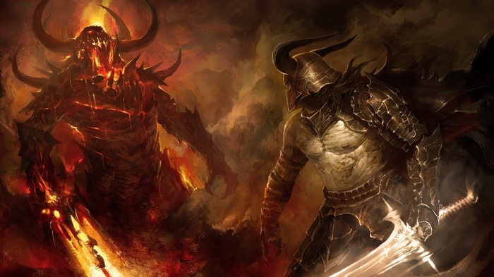 Demon and armored warrior with swords