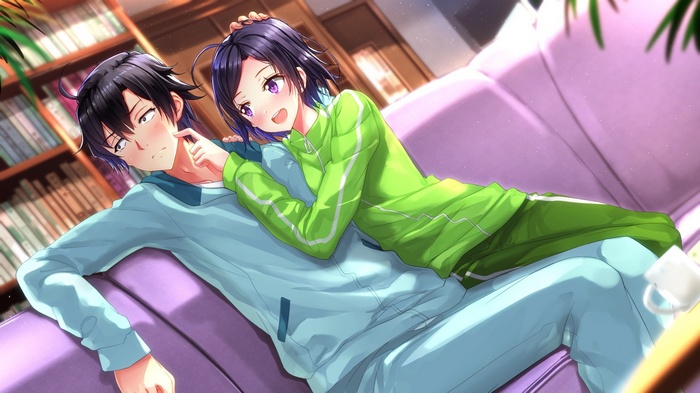 Hikigaya Hachiman and Hikigaya Komachi on a couch