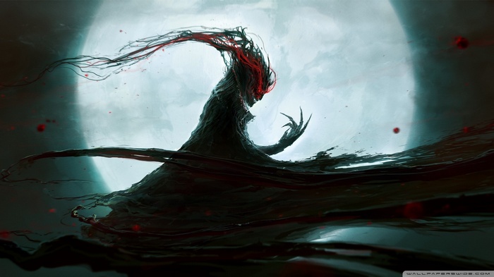 Dark fantasy creature with red eyes and tendrils