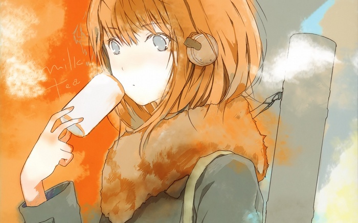 Anime girl drinking milk tea with headphones