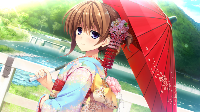 Anime girl in kimono holding a Japanese umbrella