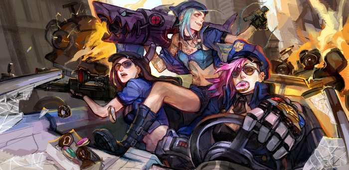 Jinx, Vi, and Caitlyn from League of Legends in action