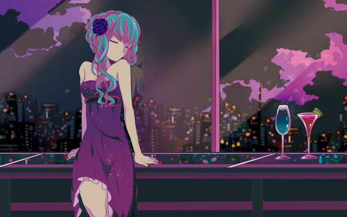 Anime girl in a purple dress at a bar overlooking a city