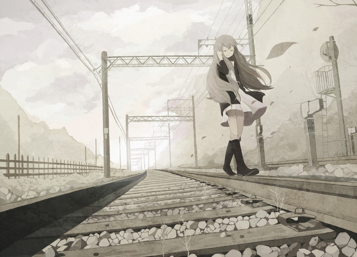 Anime girl walking on train tracks