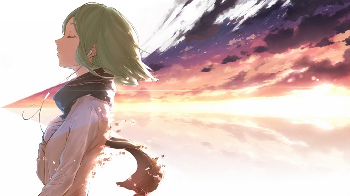 Megpoid Gumi with headphones and scarf at sunset