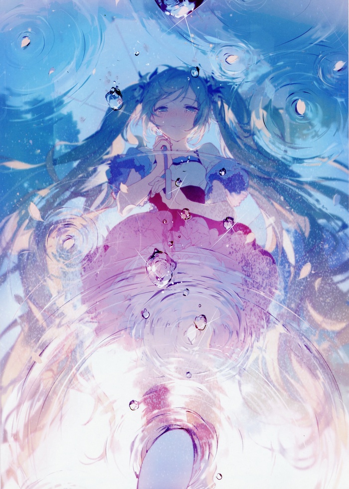 Hatsune Miku in the rain with an umbrella
