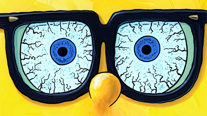 SpongeBob SquarePants with bloodshot eyes and glasses