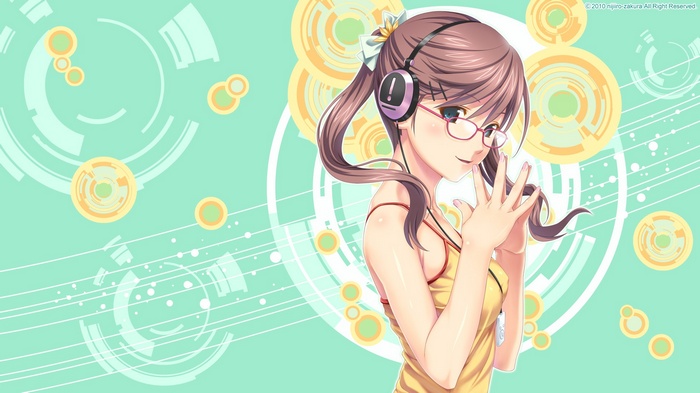 Anime girl with headphones and glasses listening to music